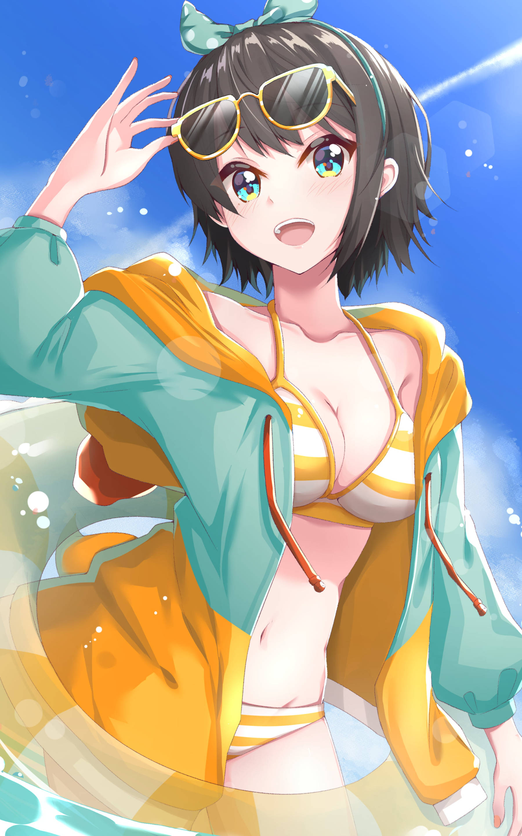 yellow ecchi bikini, anime girl, short dark hair, 2K Phone Wallpaper