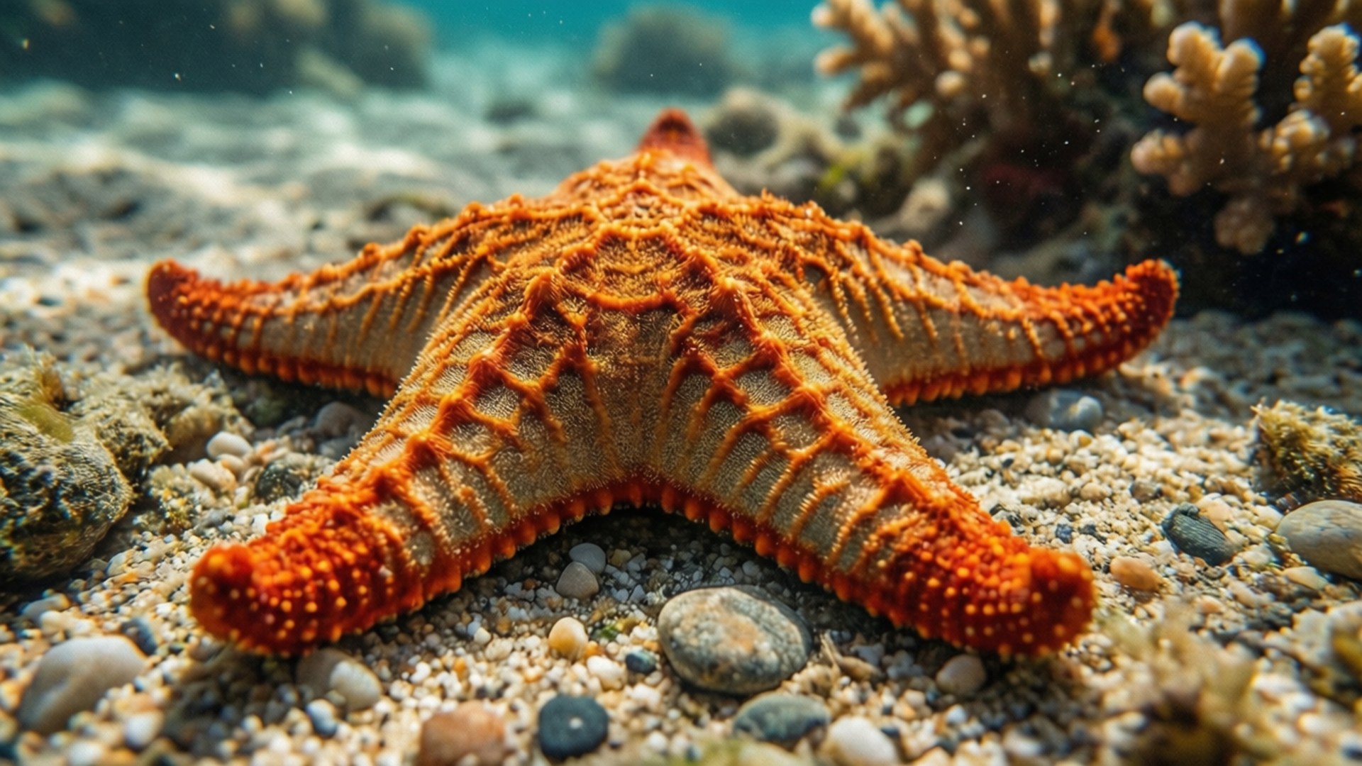orange starfish, sandy seabed, coral, Full HD Desktop Wallpaper