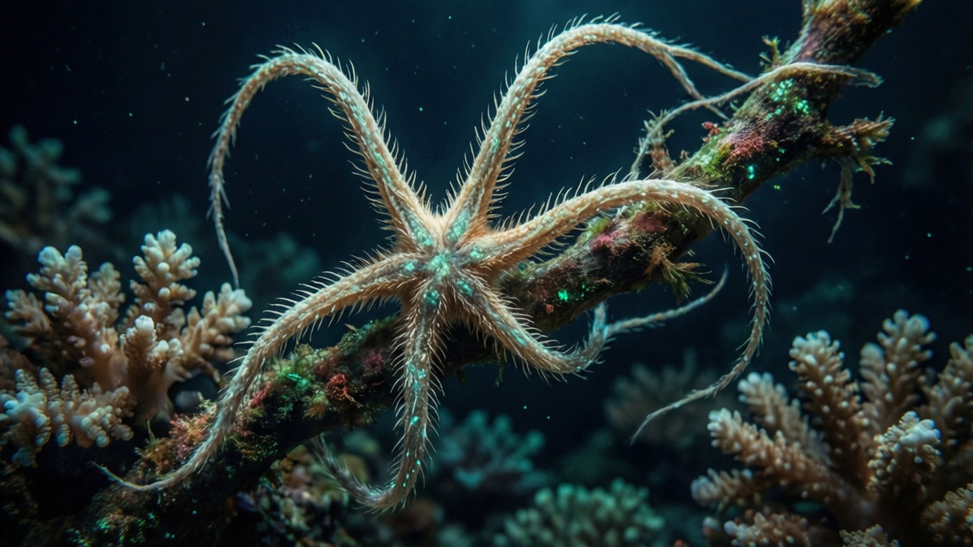 brittle star, bioluminescent glow, coral, Full HD Desktop Wallpaper