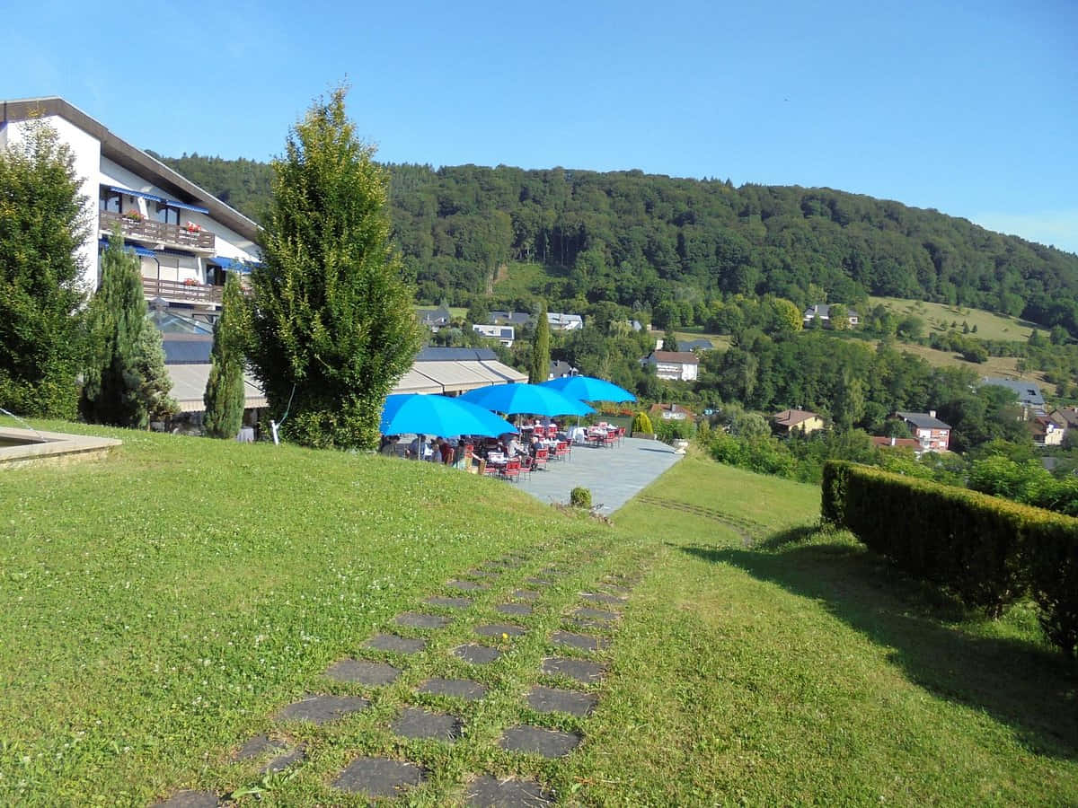 Echternach, hillside outdoor cafe, sunlit, SD Desktop Wallpaper