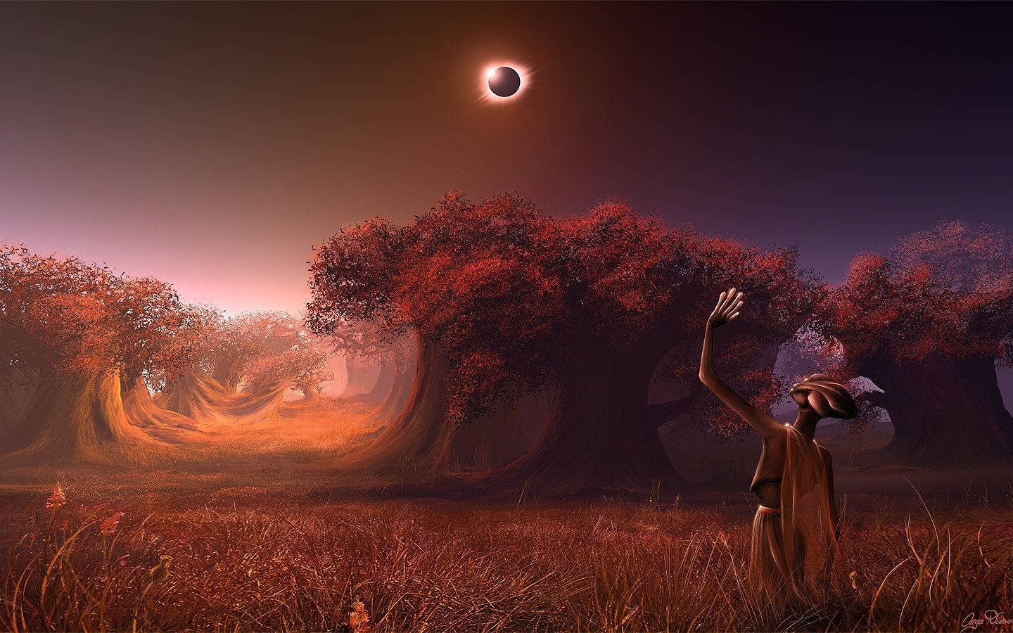 alien solar eclipse forest, solar eclipse, fiery red trees, HD Desktop Wallpaper