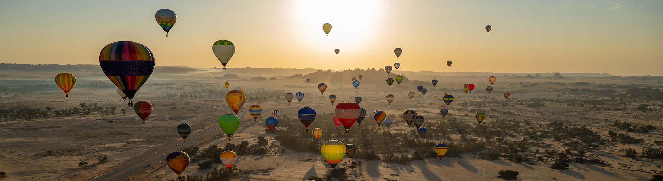 sunrise, desert landscape, colorful hot air balloons, Full HD Desktop Wallpaper