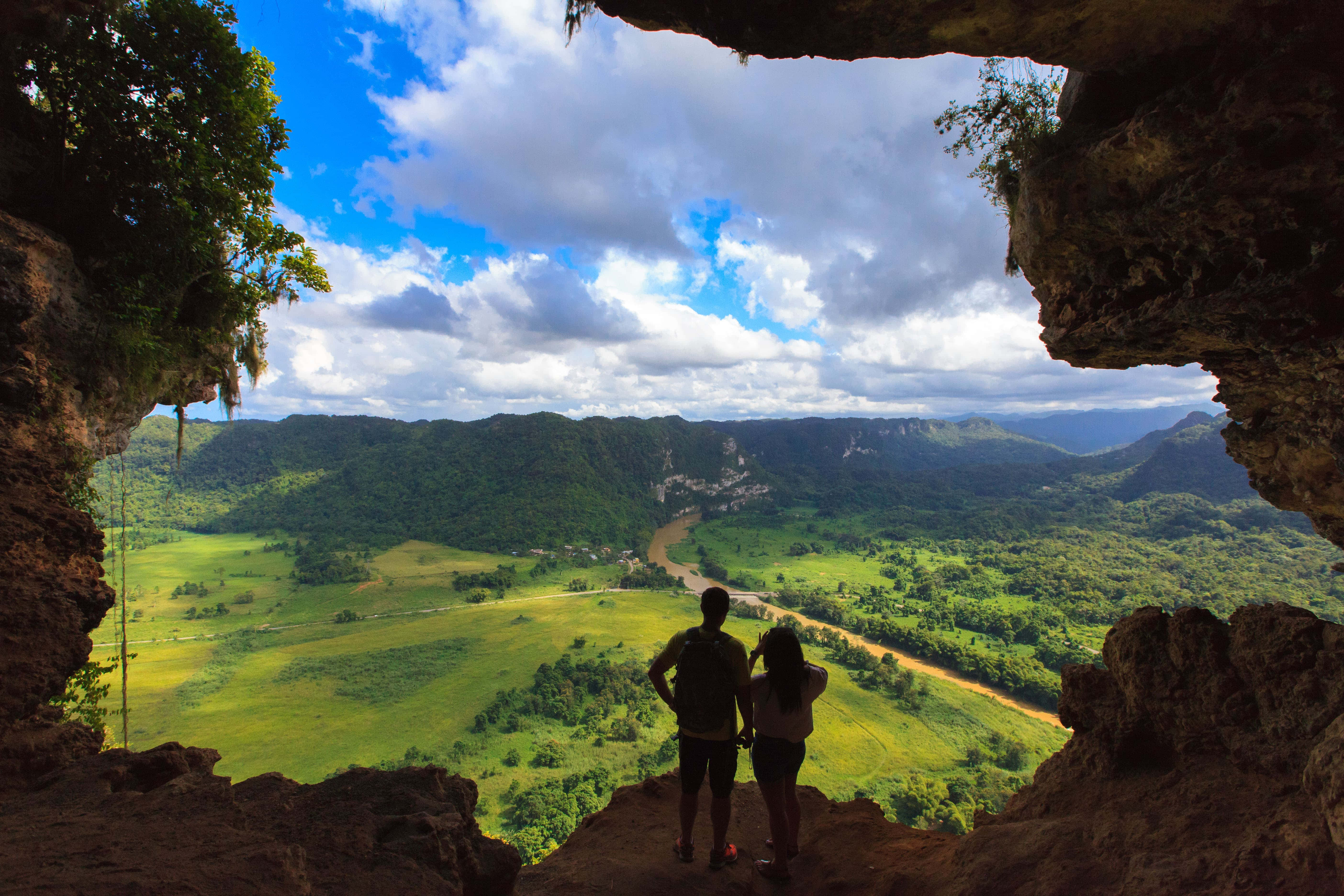 Hikers, Lush Green Forest Trail, Cave Opening, 5K Desktop Wallpaper