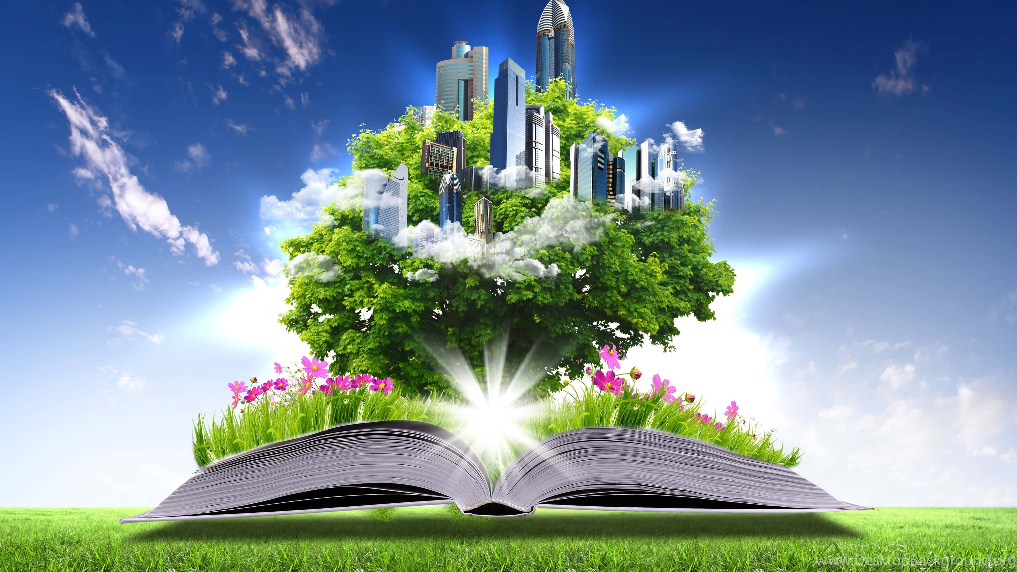 eco-tourism, open book, vibrant green tree, 4K Desktop Wallpaper