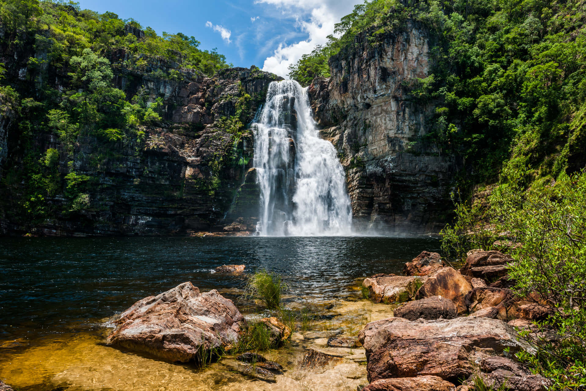 ecotourism, waterfall, rugged cliffs, Full HD Desktop Wallpaper
