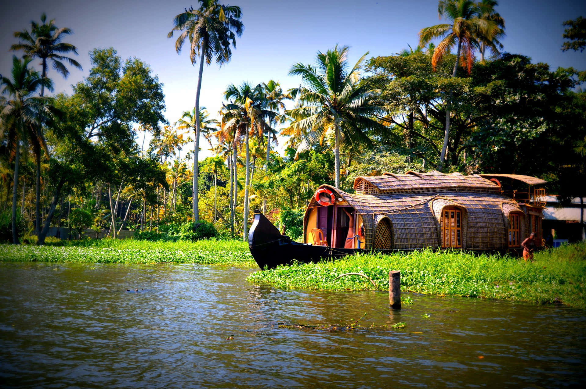 eco-tourism, houseboat, riverbank, Full HD Desktop Wallpaper