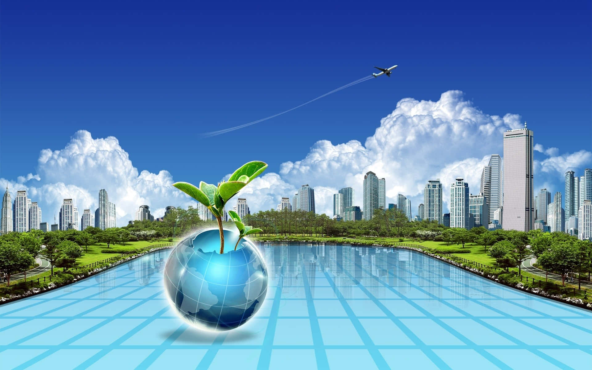 glowing blue globe, sprouting green plant, reflective pool, Full HD Desktop Wallpaper