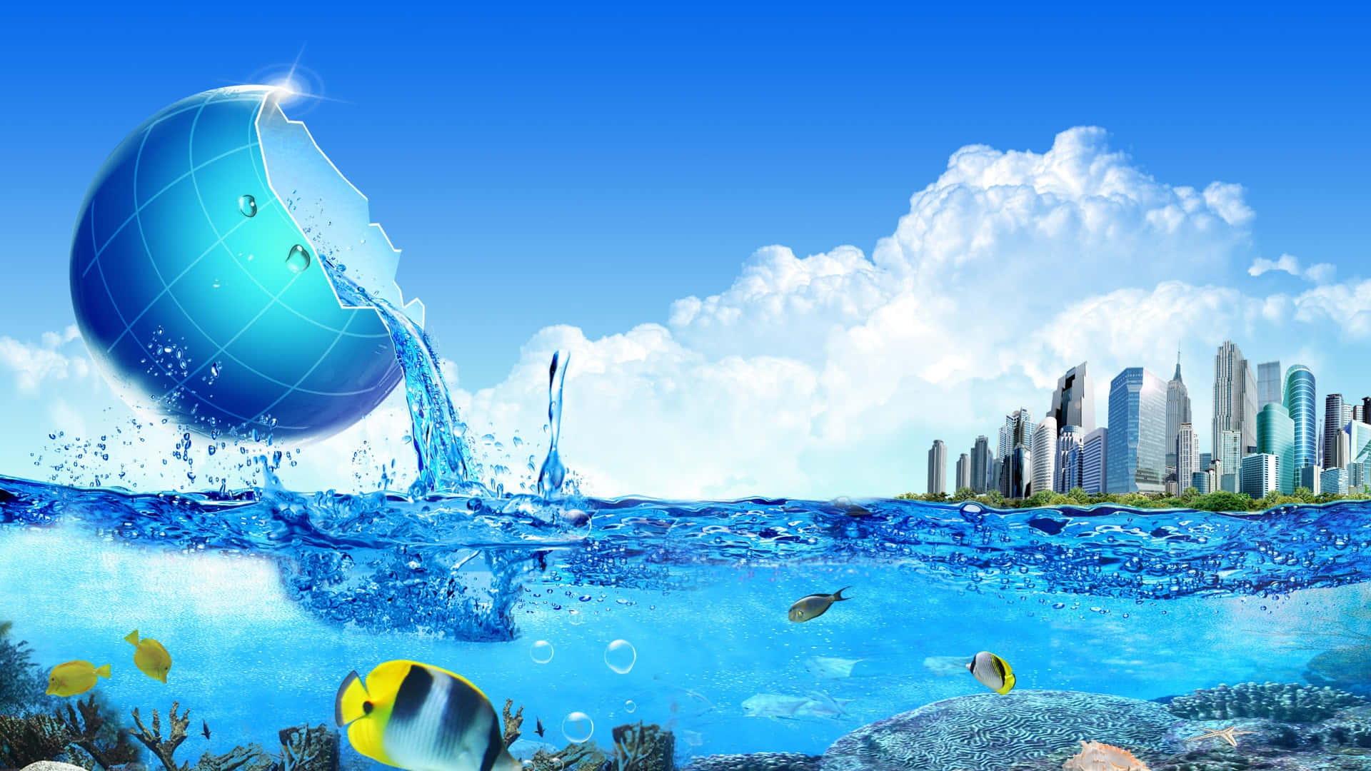 blue globe, vibrant ocean, fish, Full HD Desktop Wallpaper