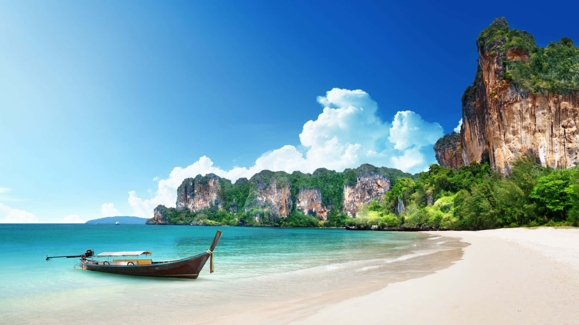 longtail boat, pristine white sand beach, turquoise waters, Full HD Desktop Wallpaper