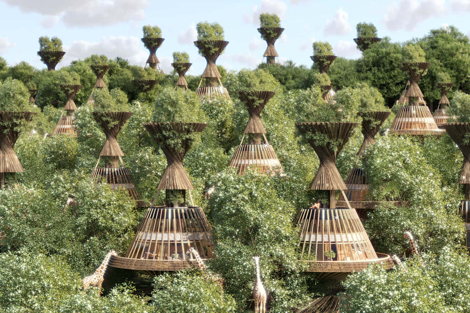 bamboo treehouses, giraffes, bright blue sky, HD Desktop Wallpaper