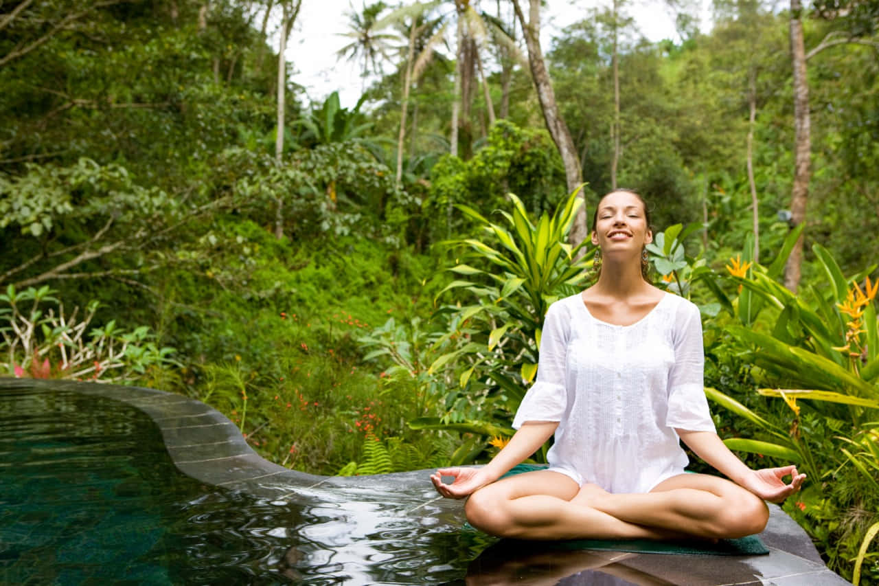 lotus pose, jungle infinity pool, lush greenery, HD Desktop Wallpaper