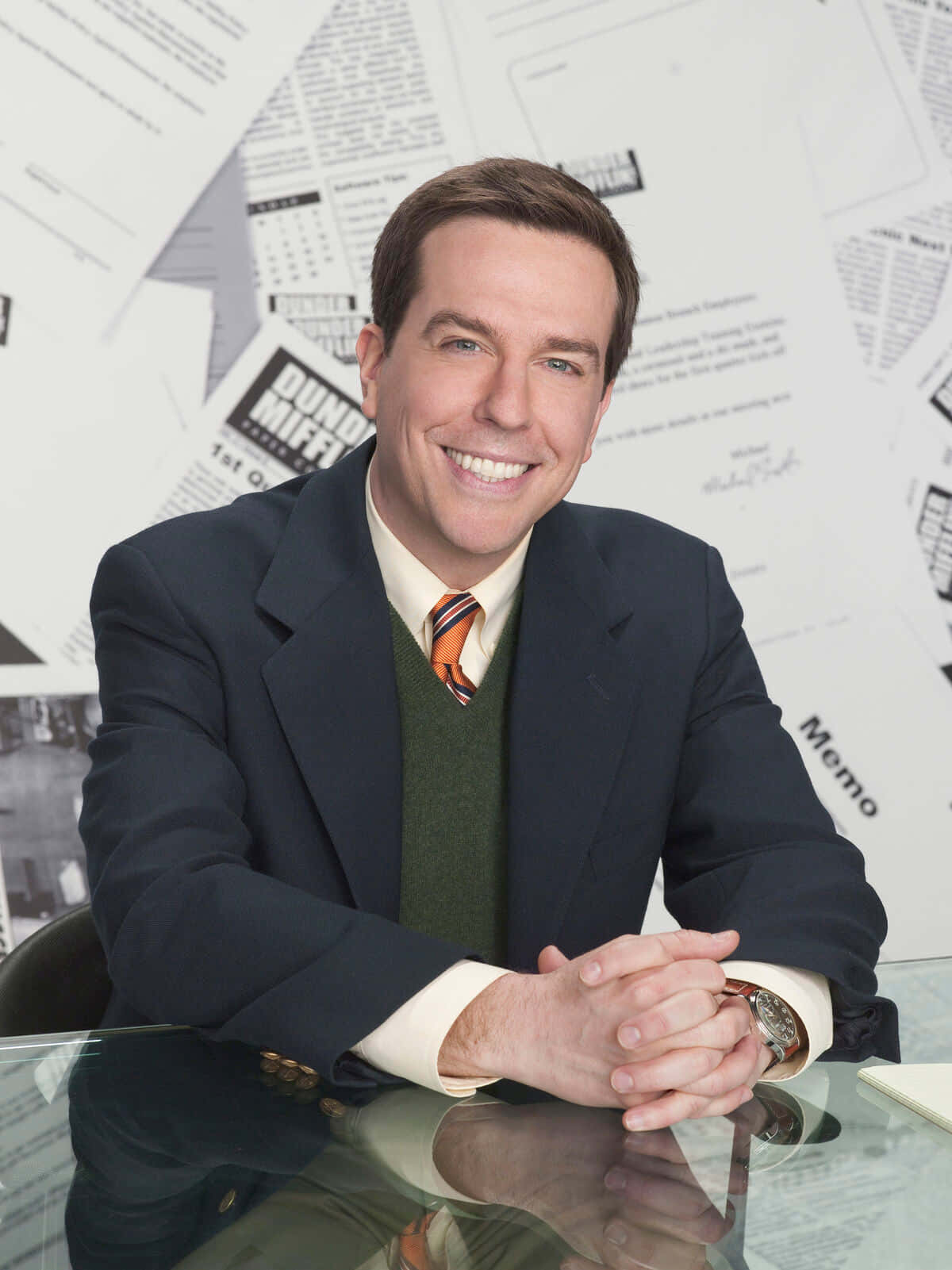 Ed Helms, suit and tie, glass desk, HD Phone Wallpaper