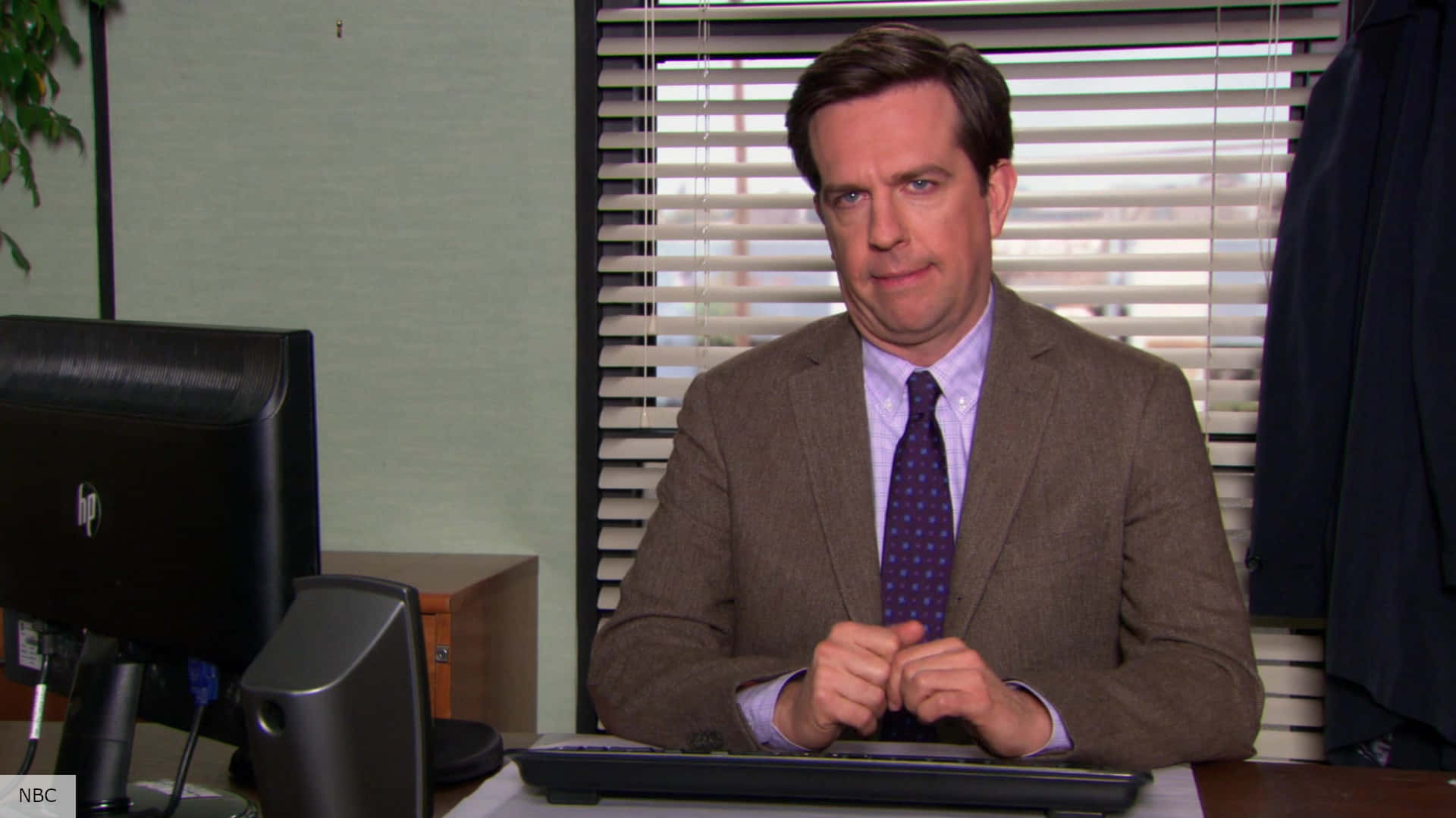 Ed Helms, brown suit, purple tie, Full HD Desktop Wallpaper