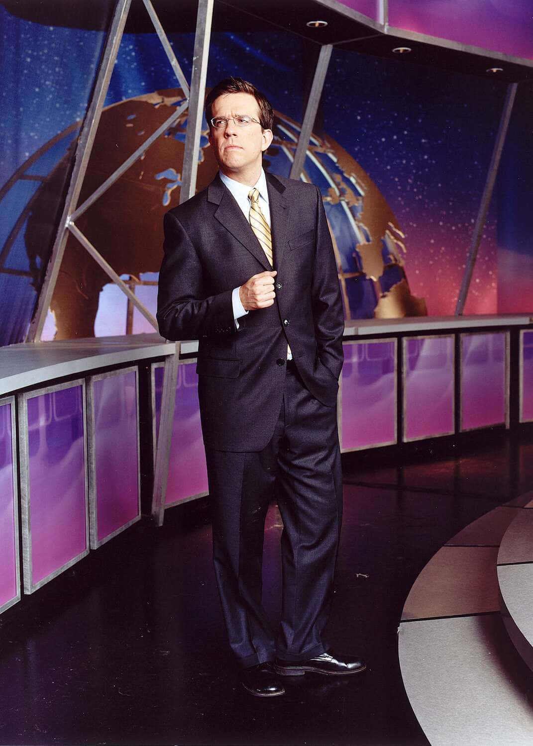 Ed Helms, futuristic news studio, glowing globe backdrop, HD Phone Wallpaper