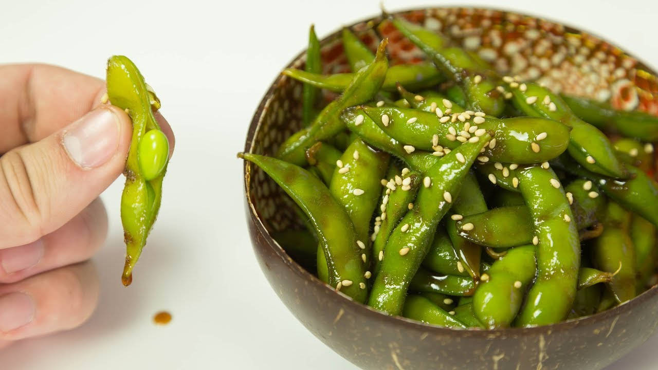 edamame pod, bowl of glossy sesame-seeded edamame, stark white background, HD Desktop Wallpaper