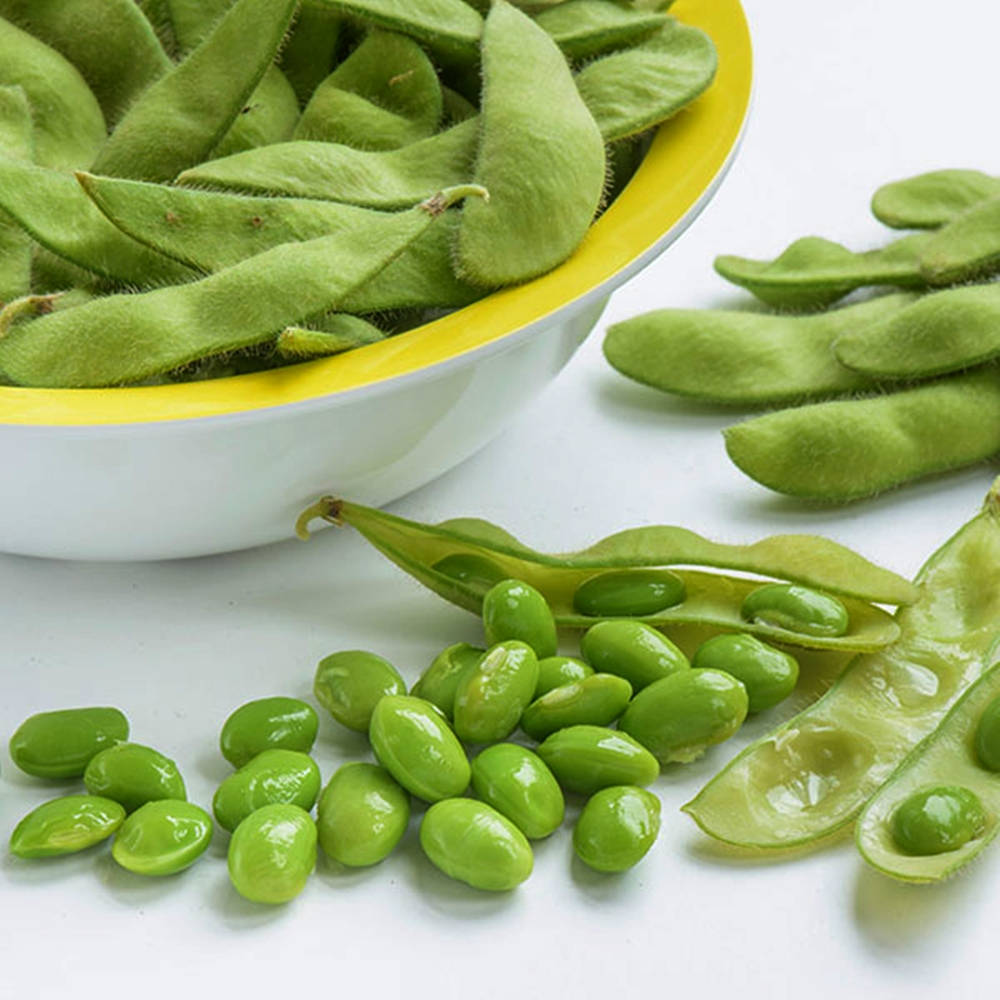 edamame pods, edamame beans, yellow-rimmed bowl, SD Desktop Wallpaper