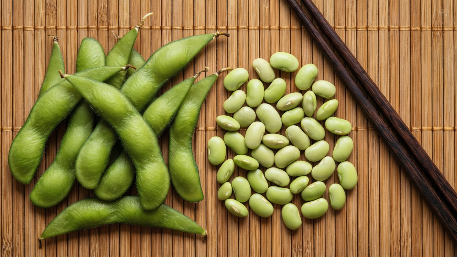 edamame, chopsticks, bamboo mat, Full HD Desktop Wallpaper