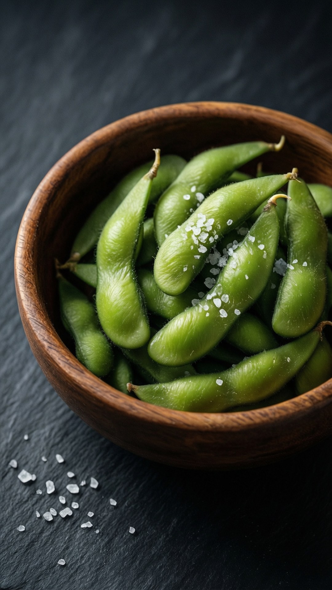 edamame, rustic wooden bowl, coarse salt, Full HD Phone Wallpaper