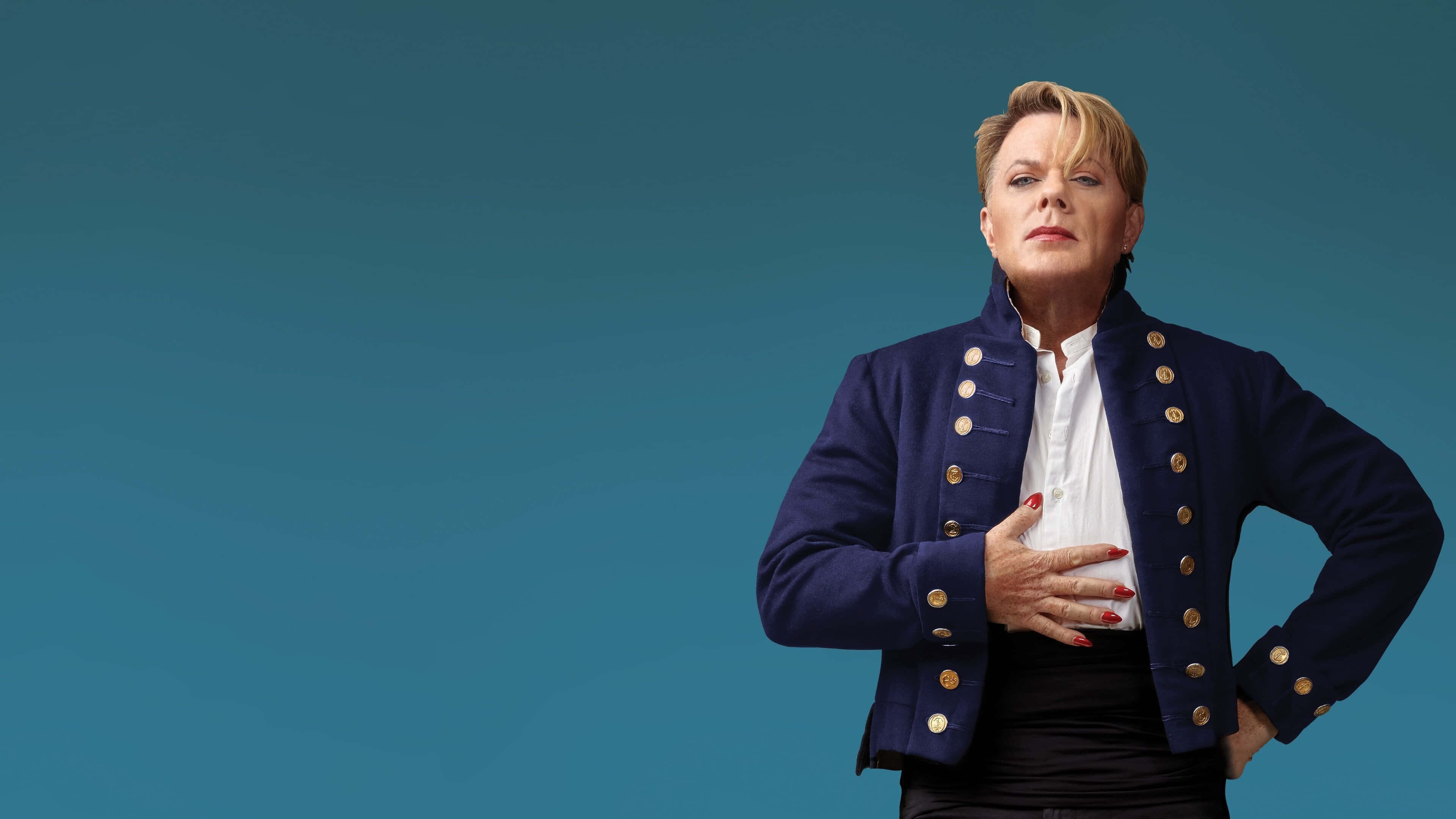 Eddie Izzard, navy blue double-breasted jacket, gold buttons, 4K Desktop Wallpaper