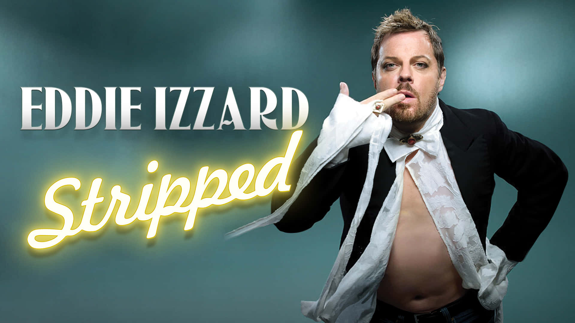 Eddie Izzard, tuxedo, teal backdrop, Full HD Desktop Wallpaper