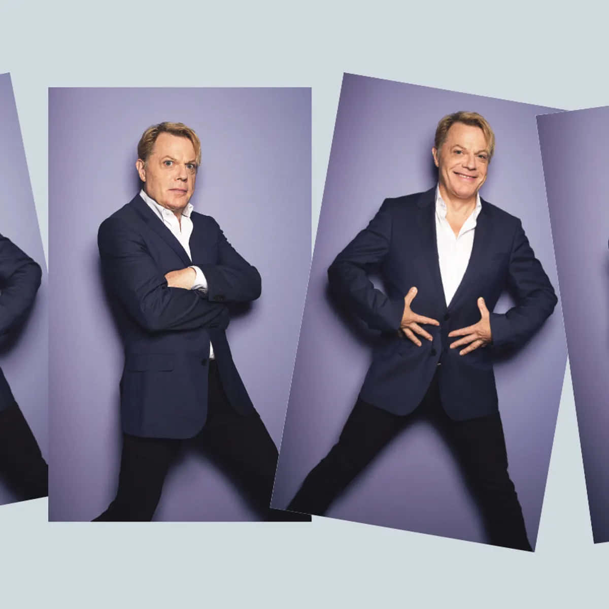 Eddie Izzard, navy suit, purple studio backdrop, SD Desktop Wallpaper