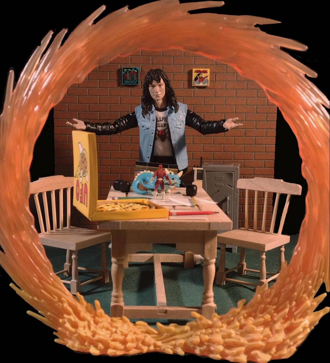 Eddie Munson, denim vest, wooden table, SD Phone Wallpaper
