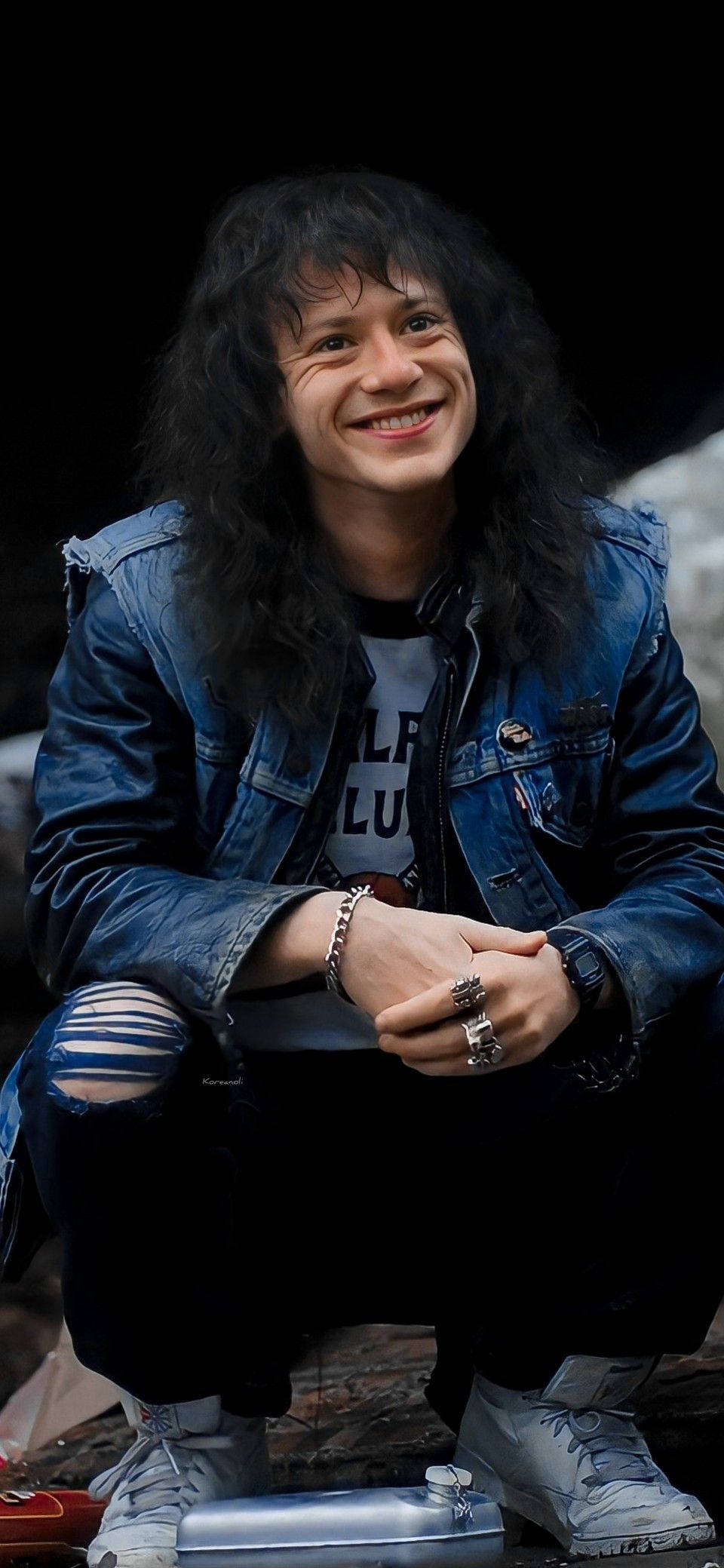 Eddie Munson, denim jacket, ripped jeans, Full HD Phone Wallpaper