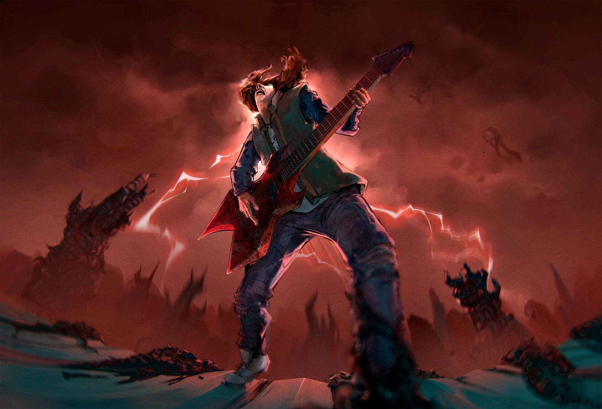 Eddie Munson, red electric guitar, stormy red sky, Full HD Desktop Wallpaper