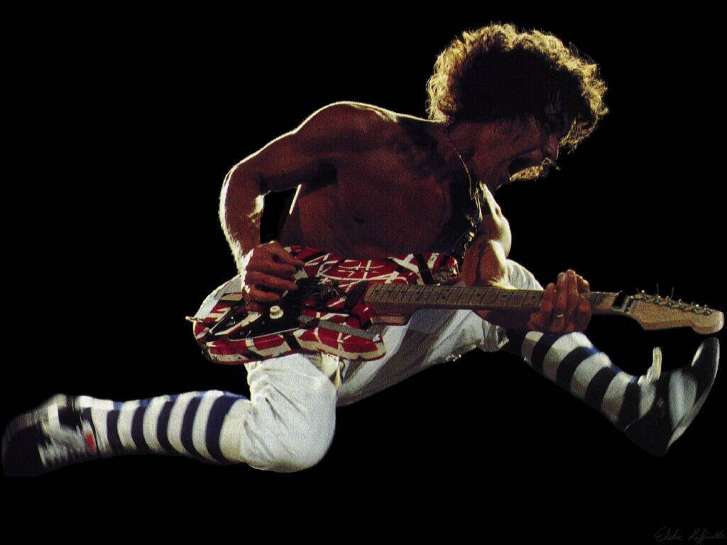 Eddie Van Halen, red white and black guitar, black background, SD Desktop Wallpaper
