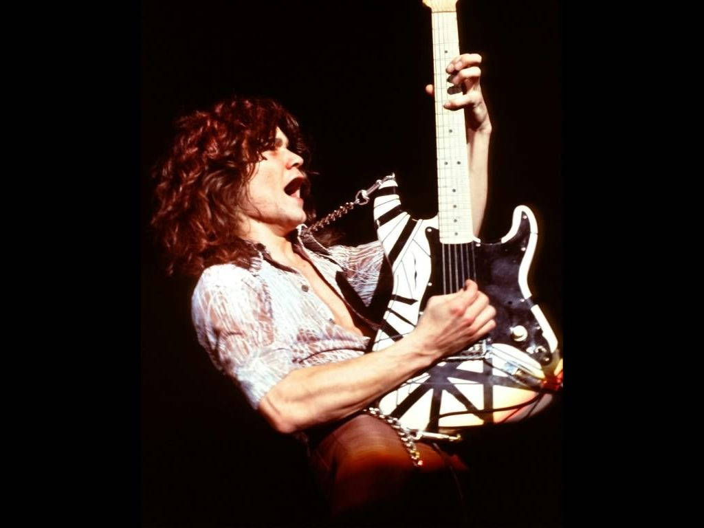Eddie Van Halen, black and white striped electric guitar, stage lights, SD Desktop Wallpaper