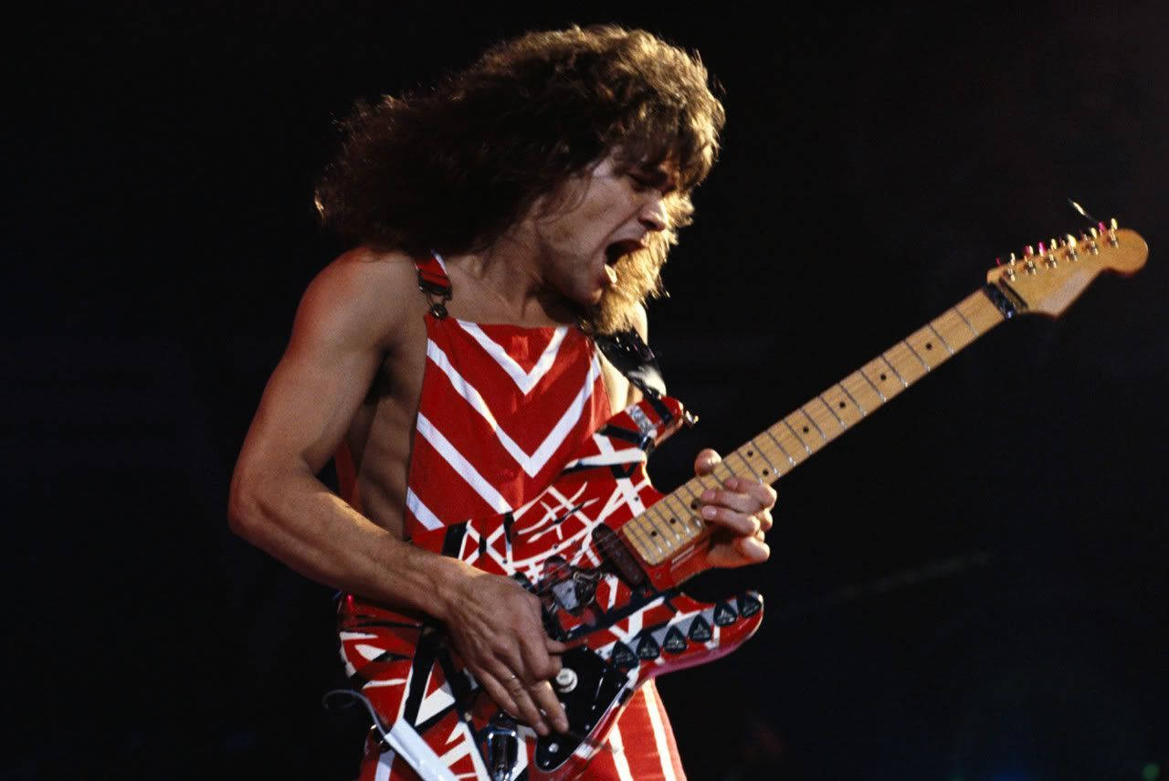 Eddie Van Halen, red and white electric guitar, dark stage, HD Desktop Wallpaper