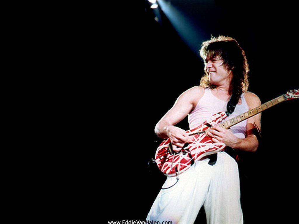 Eddie Van Halen, red and white striped guitar, spotlight, SD Desktop Wallpaper