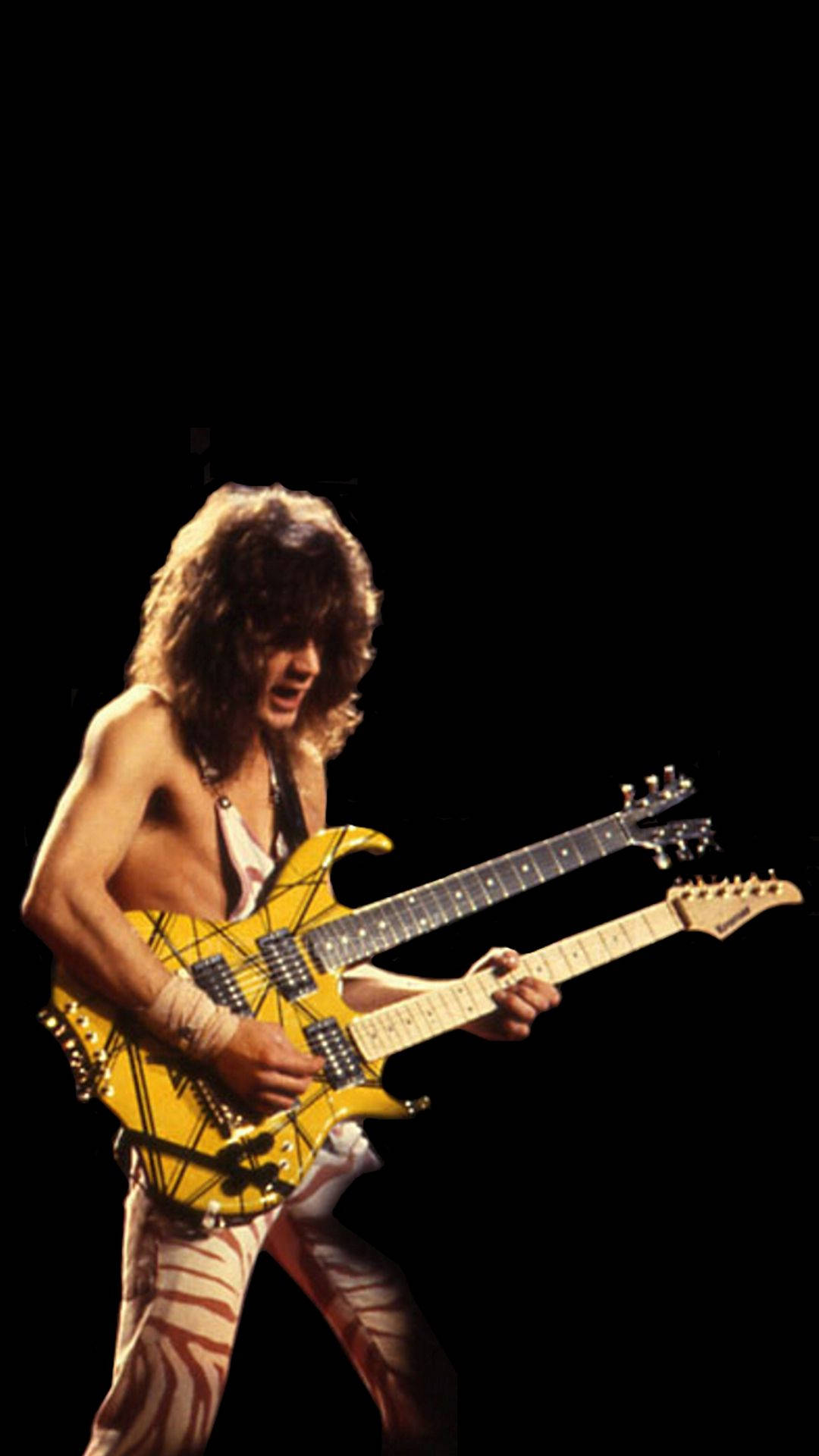 Eddie Van Halen, yellow double-neck electric guitar, black background, Full HD Phone Wallpaper