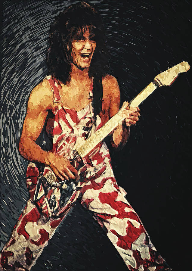 Eddie Van Halen, red and white camouflage overalls, white electric guitar, SD Phone Wallpaper