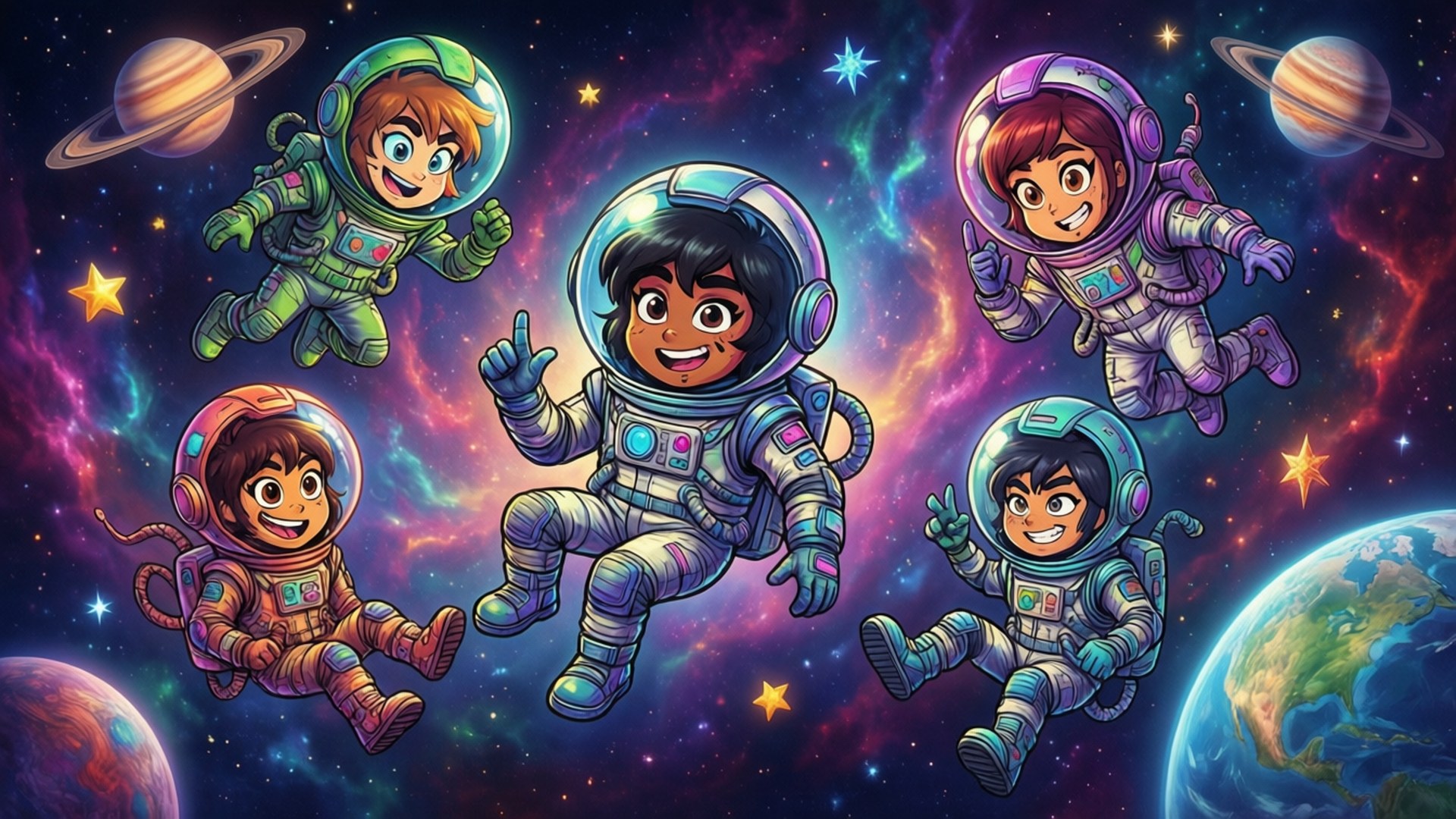 Eddsworld, astronauts, nebulae, Full HD Desktop Wallpaper