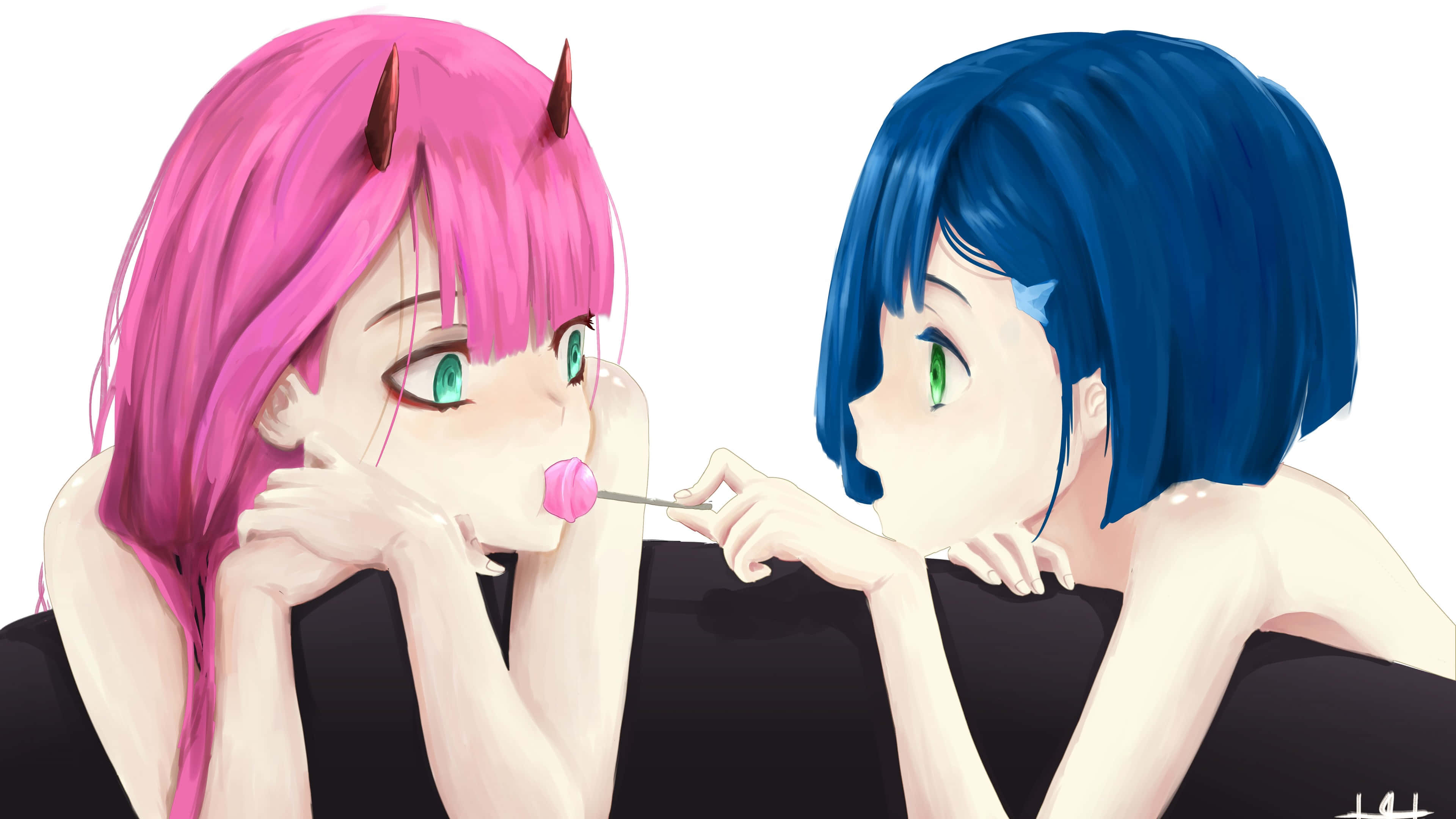 Zero Two, pink hair, blue hair, 4K Desktop Wallpaper