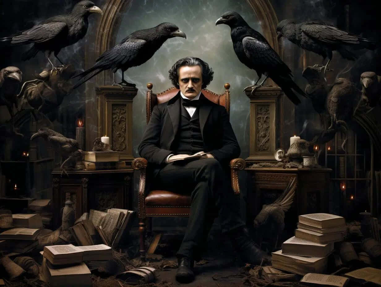 Edgar Allan Poe, gothic library, leather chair, SD Desktop Wallpaper