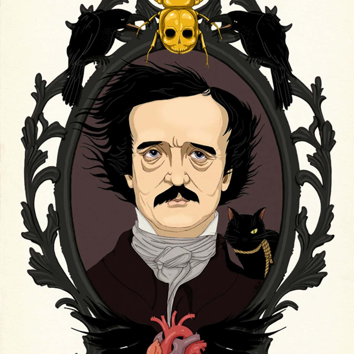 Edgar Allan Poe, black scrollwork, crows, SD Desktop Wallpaper