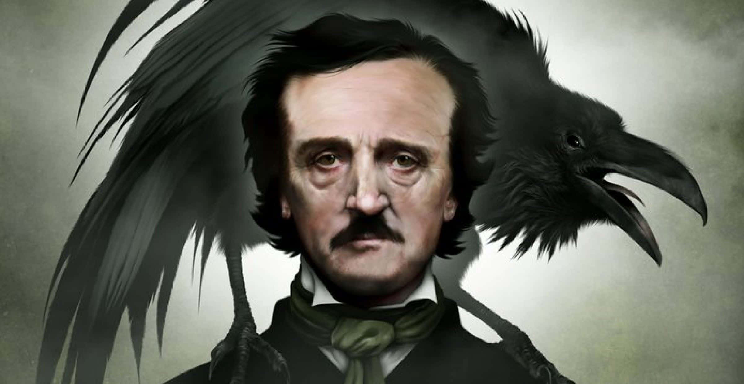 Edgar Allan Poe, raven, muted gray background, Full HD Desktop Wallpaper