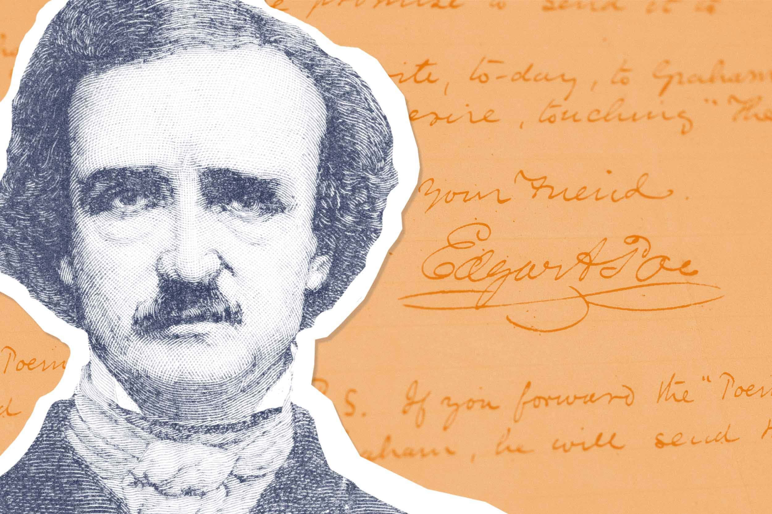 Edgar Allan Poe, vintage engraved portrait, handwritten letters, Full HD Desktop Wallpaper