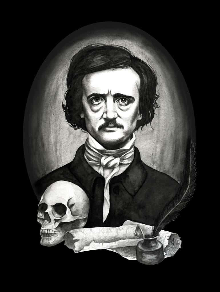 Edgar Allan Poe, skull quill, inkwell, SD Phone Wallpaper