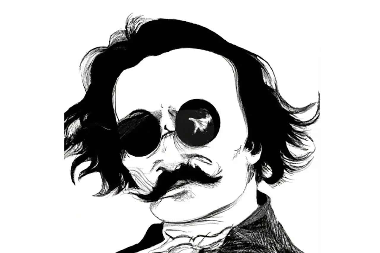 Edgar Allan Poe, stark black and white illustration, man with wild hair and a mustache, HD Desktop Wallpaper