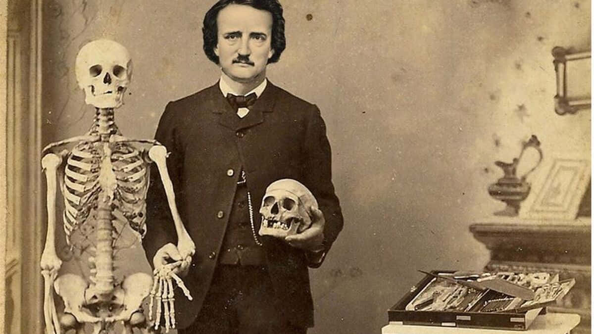 Edgar Allan Poe, skeleton, skull, SD Desktop Wallpaper
