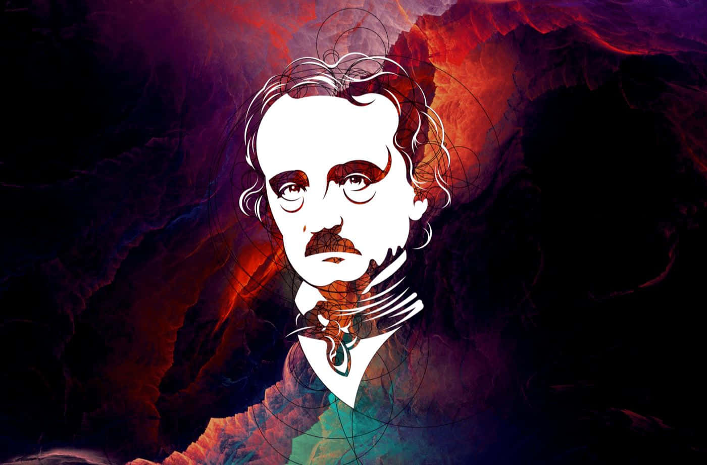 Edgar Allan Poe, white portrait, dark red cosmic clouds, HD Desktop Wallpaper