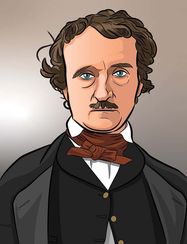 Edgar Allan Poe, cartoon illustration, curly brown hair, SD Phone Wallpaper