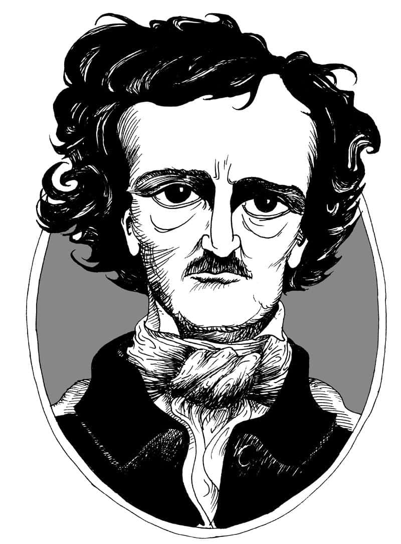 Edgar Allan Poe, black and white line art, curly hair, SD Phone Wallpaper