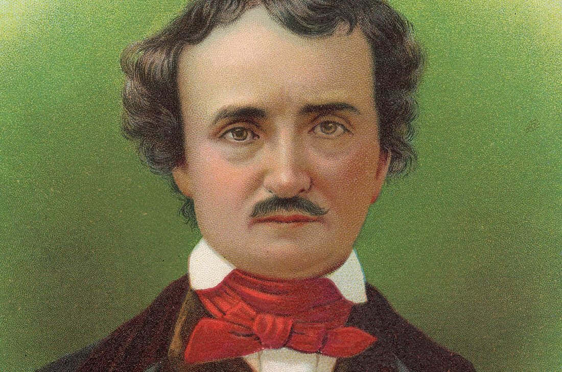 Edgar Allan Poe, dark curly hair, red bow tie, SD Desktop Wallpaper