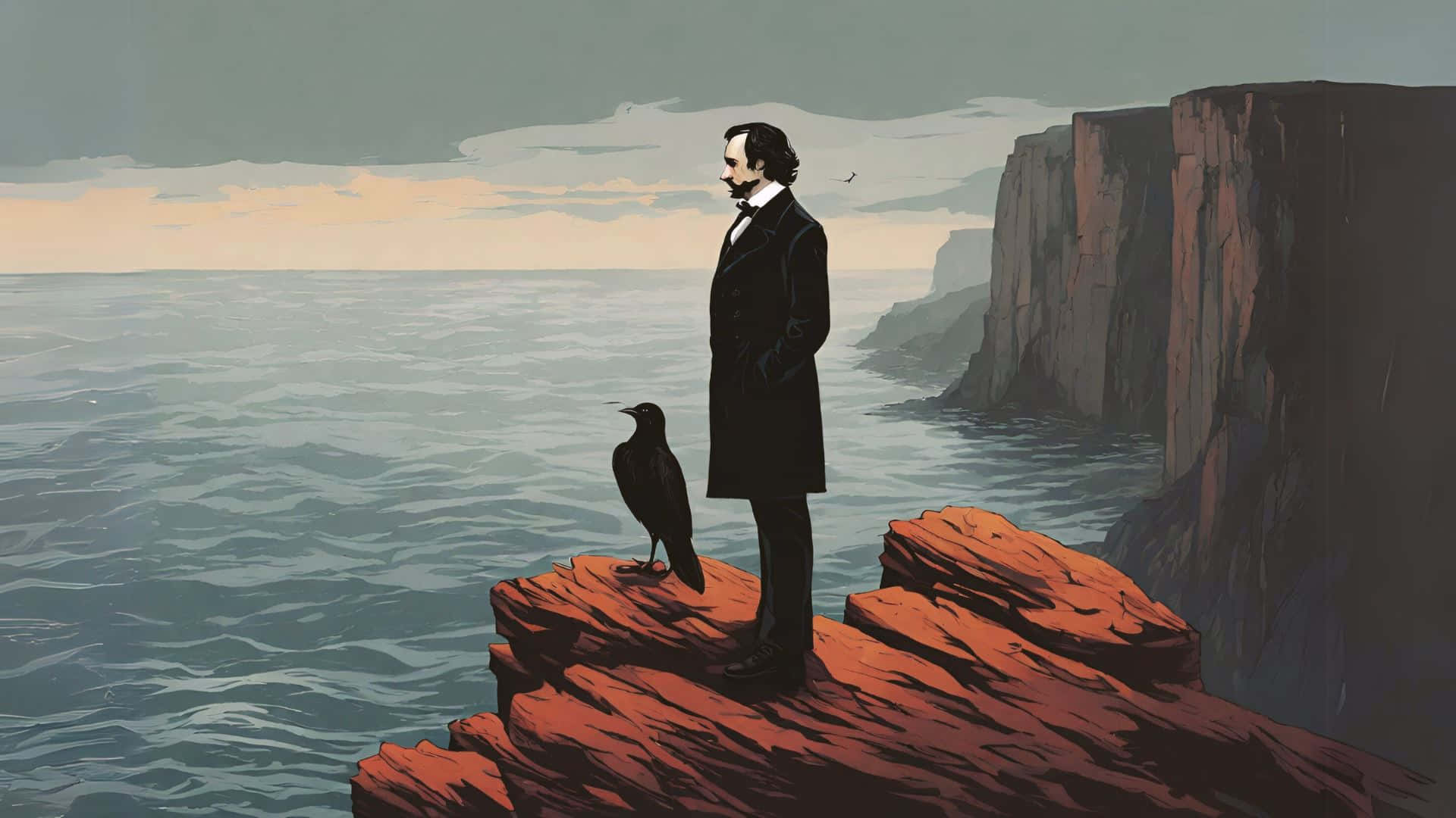 Edgar Allan Poe, cliffside, crow, Full HD Desktop Wallpaper