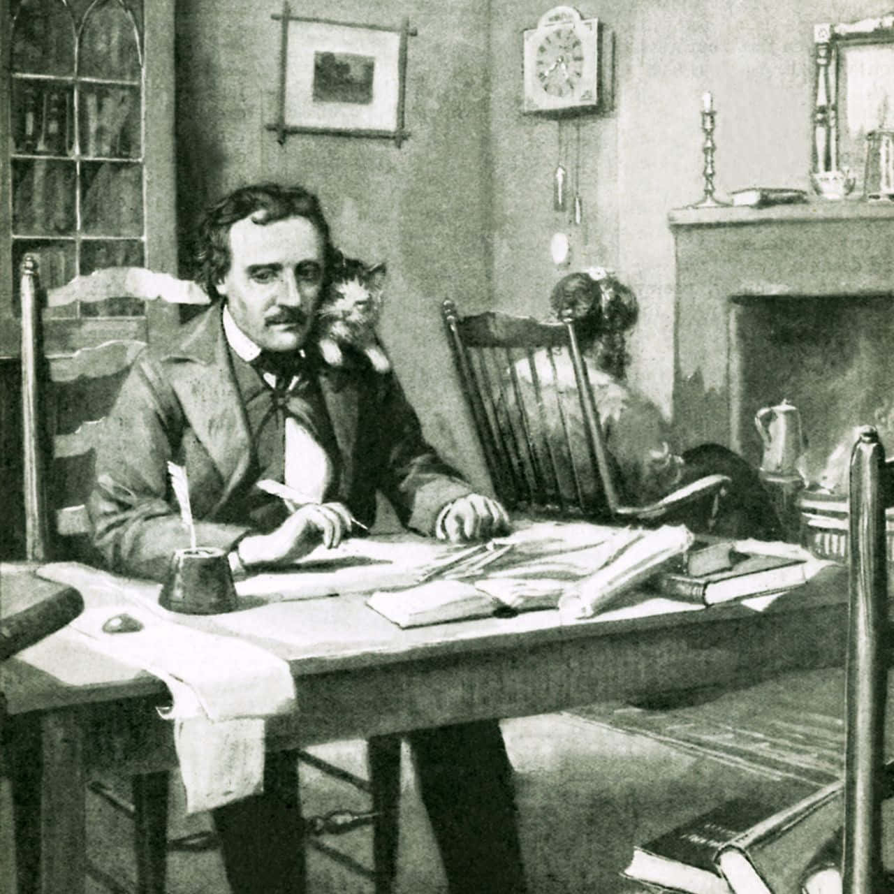 Edgar Allan Poe, cat, cluttered desk, HD Desktop Wallpaper