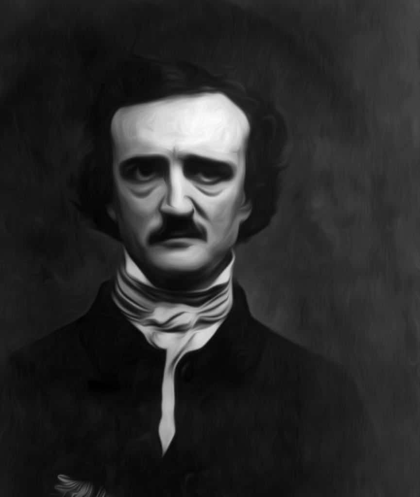 Edgar Allan Poe, black and white portrait, intense gaze, SD Phone Wallpaper
